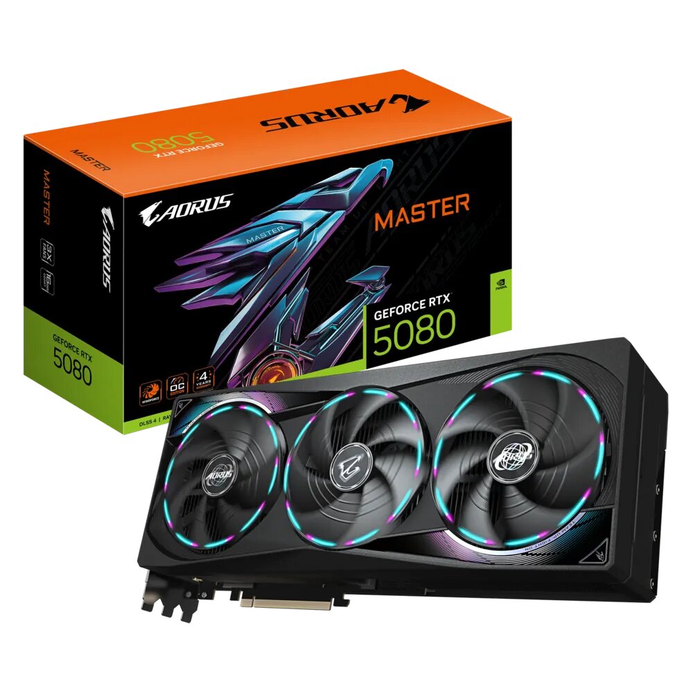  nVIDIA GeForce RTX5080 AORUS MASTER 16GB<br>Clock: 2805 MHz, 1x HDMI/ 3x DP, PCI-E 5.0, Max Resolution: 7680 x 4320, 1x 16-Pin Connector, Recommended: 850W  